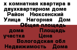 3-х комнатная квартира в двухквартирном доме › Район ­ Нюксенский › Улица ­ Нагорная › Дом ­ 1 › Общая площадь дома ­ 85 › Площадь участка ­ 5 › Цена ­ 1 180 000 - Вологодская обл. Недвижимость » Дома, коттеджи, дачи продажа   